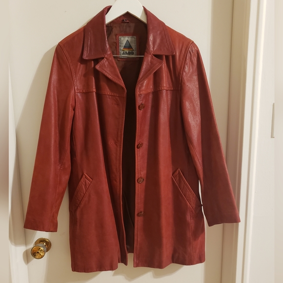 Aldo Vintage Leather Retro Red Semi Trench Lined Coat Boho Woman Large - Picture 1 of 16